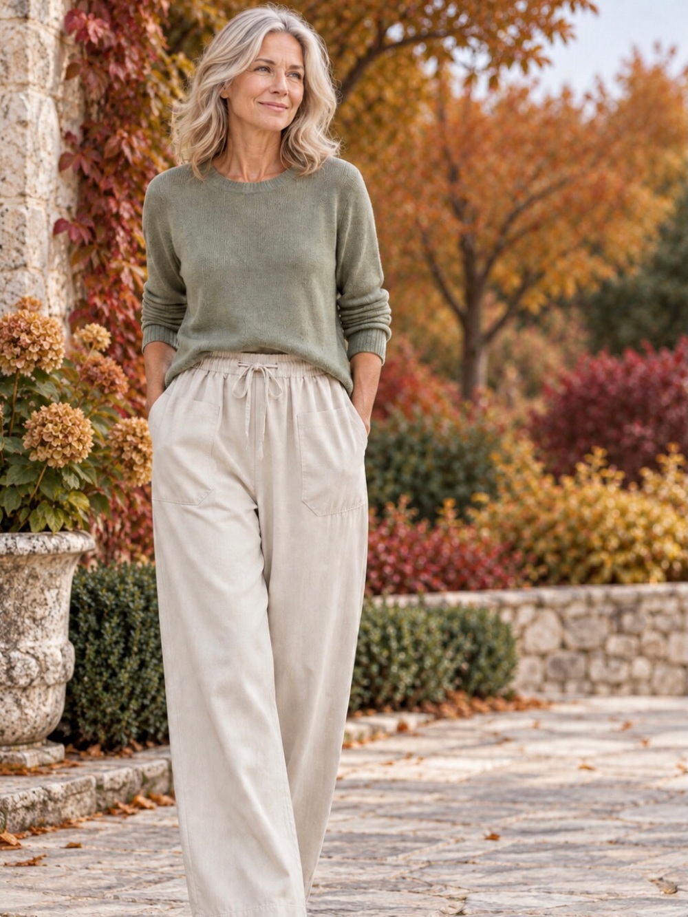 Relaxed Fit Linen Blend Pants in Light Beige
